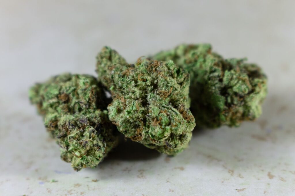 Detailed close-up of green and brown cannabis buds, showcasing texture and color. Ideal for botanical studies and medicinal use imagery.